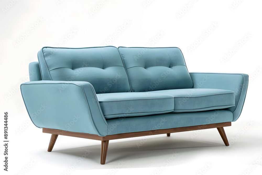 Fototapeta premium Modern Blue Sofa with Wooden Legs isolated on white background