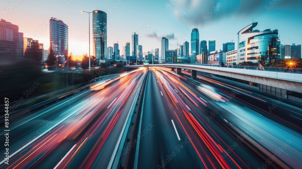 Cars moving fast on a highway overpass, blurred with a city skyline at twilight. Cars moving fast on a highway overpass, blurred with a city skyline at twilight.
