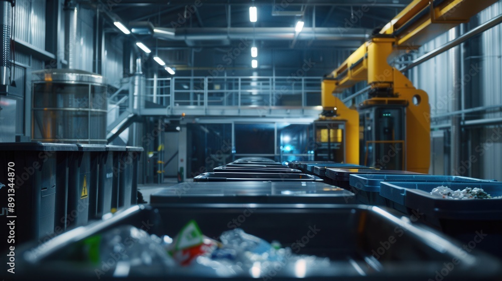 A large industrial building with a lot of trash bins A large industrial building with a lot of trash bins