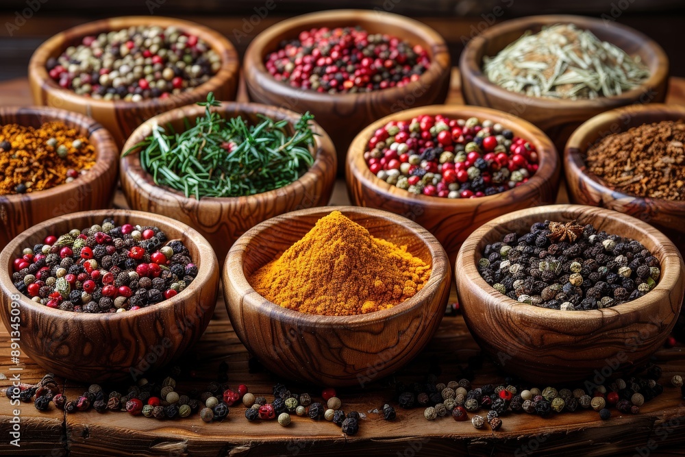 A detailed close-up photograph showcasing a diverse assortment of colorful spices displayed in wooden bowls on a rustic table, emphasizing the flavors and aromas. A detailed close-up photograph showcasing a diverse assortment of colorful spices displayed in wooden bowls on a rustic table, emphasizing the flavors and aromas.