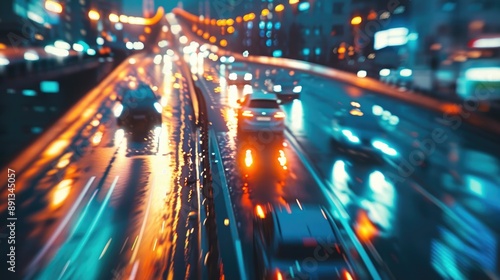 Cars speeding on an overpass, blurred city lights creating a vibrant backdrop.