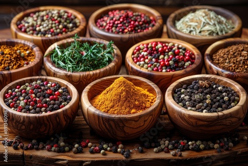 A detailed close-up photograph showcasing a diverse assortment of colorful spices displayed in wooden bowls on a rustic table, emphasizing the flavors and aromas.