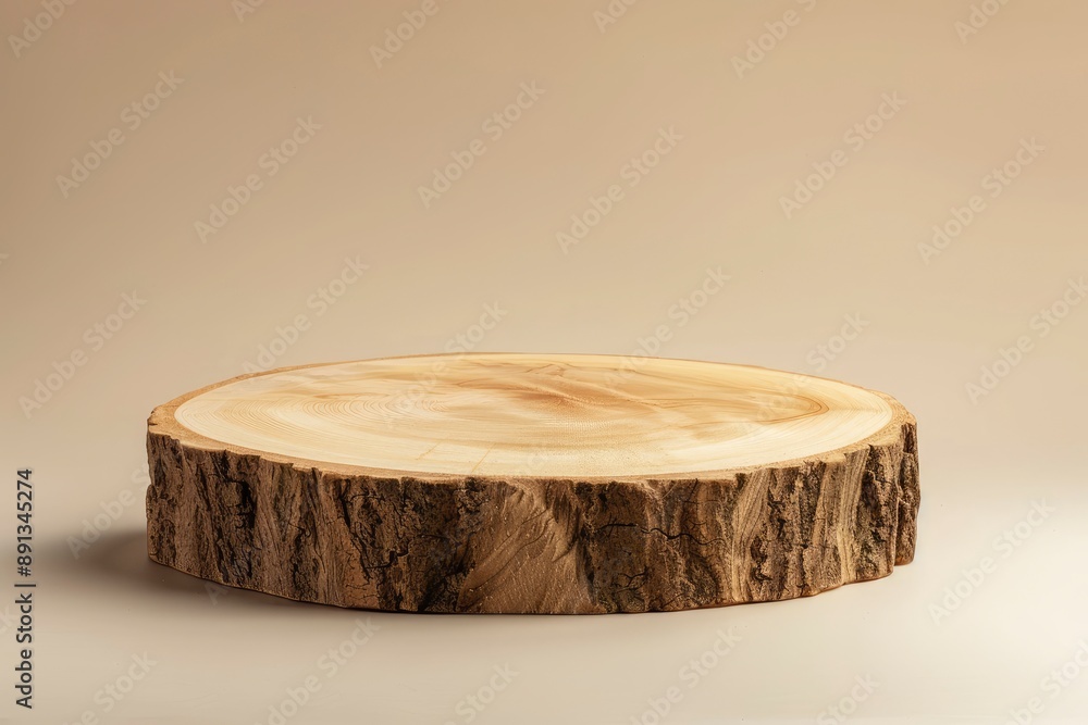 Wooden eco rustic pine tree wood circle disc platform podium on beige background. Minimal empty display product presentation scene - generative ai Wooden eco rustic pine tree wood circle disc platform podium on beige background. Minimal empty display product presentation scene - generative ai