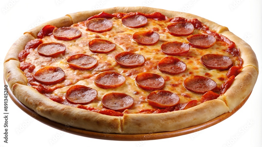 Delicious pepperoni pizza with melted cheese resting on wooden plate Delicious pepperoni pizza with melted cheese resting on wooden plate