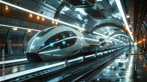 A futuristic train is traveling through a tunnel © Sangsung