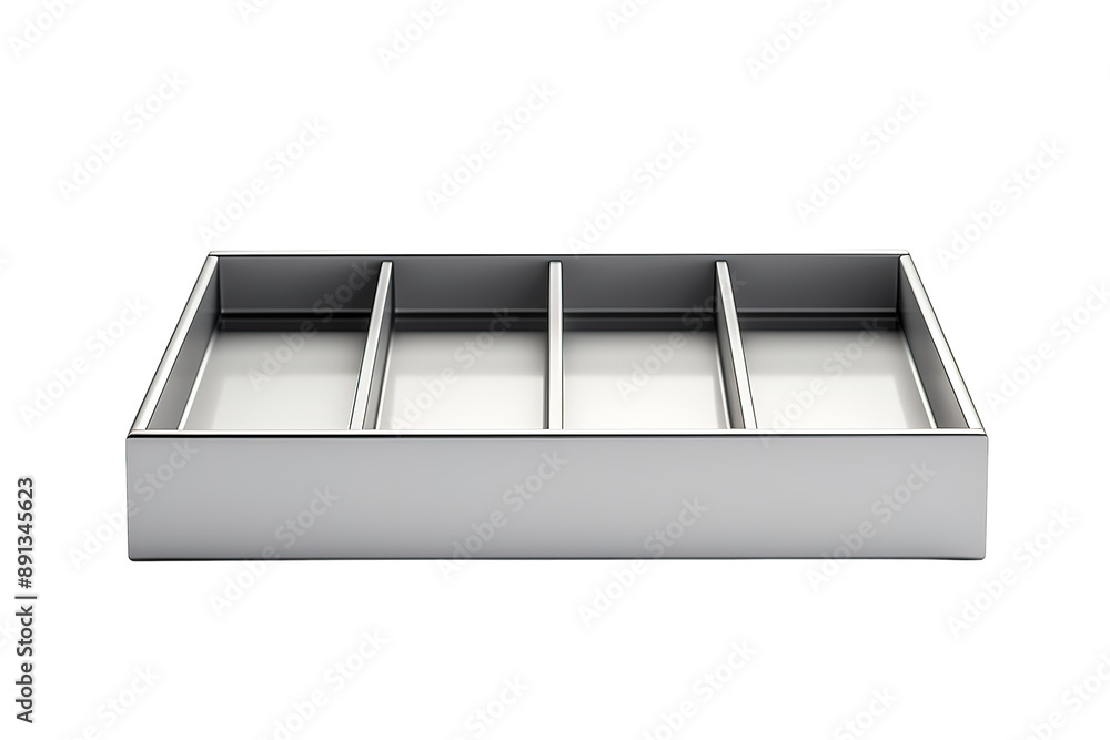 A Sleek and Modern Silver Utensil Organizer for a Kitchen Drawer on a Clear PNG or White Background. A Sleek and Modern Silver Utensil Organizer for a Kitchen Drawer on a Clear PNG or White Background.