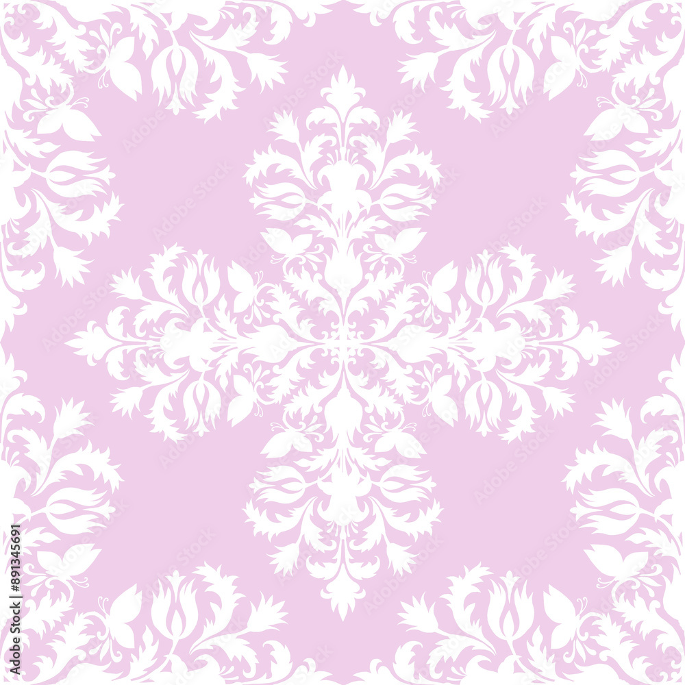 Fototapeta premium Azulejo floral pattern. A bouquet white flowers in the form of a symmetrical pattern on a pink background. Purple frame for tiles, pillows, wallpaper, towels, interior decor.