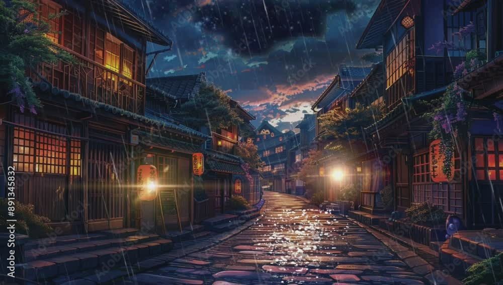 Traditional Japanese house street. Rainy old asian village. Lofi loop anime style animation background video. Traditional Japanese house street. Rainy old asian village. Lofi loop anime style animation background video.