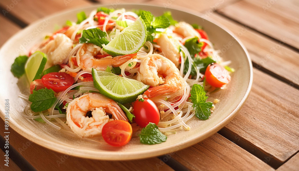 A vibrant plate of Glass Noodle Salad with shrimp, ground chicken, tomatoes, and herbs, tossed in a tangy dressing. A vibrant plate of Glass Noodle Salad with shrimp, ground chicken, tomatoes, and herbs, tossed in a tangy dressing.