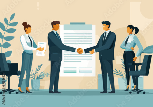 Business Agreement and Handshake: Office Team Reviewing Deal - Collaborative Corporate Negotiation, Professional Teamwork, Modern Office Environment - Vector Illustration