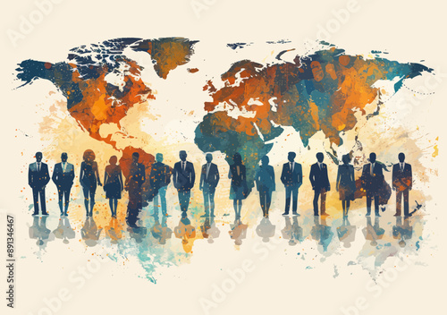 Global Business Team Concept, Diverse Professionals in Front of Artistic World Map, International Network, Business Connectivity, Vector Illustration