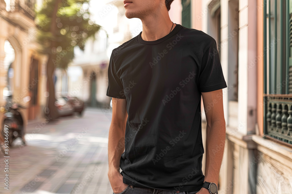 Young model shirt mockup, boy wearing a black t-shirt on the street in daylight, shirt mockup template on a hipster adult for design print, male guy wearing casual t-shirt mockup placement Young model shirt mockup, boy wearing a black t-shirt on the street in daylight, shirt mockup template on a hipster adult for design print, male guy wearing casual t-shirt mockup placement
