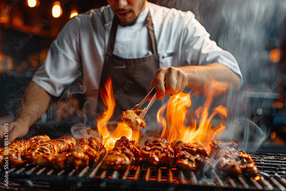 Chicken chef cooking BBQ on a grill, fun culinary concept Chicken chef cooking BBQ on a grill, fun culinary concept