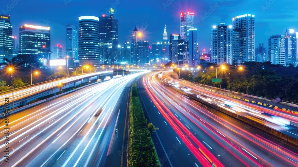Fast-moving traffic on an overpass, city skyline lit up in the distance. Fast-moving traffic on an overpass, city skyline lit up in the distance.