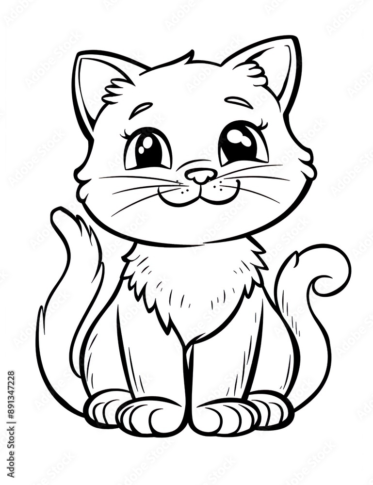 Solid black line art of cute cat on white background Solid black line art of cute cat on white background