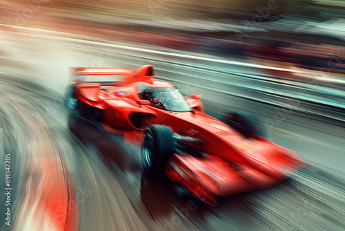 High-speed racing car in motor sports competition, motion blur background