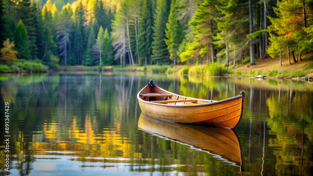 Obraz premium Wooden canoe resting on a tranquil lake surrounded by forest