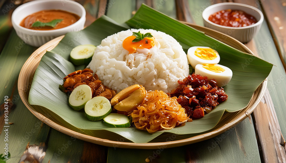 A vibrant, high-resolution image of Nasi Lemak, Malaysia’s national dish, featuring fragrant rice, spicy sambal, crispy anchovies, roasted peanuts, and a hard-boiled egg. A vibrant, high-resolution image of Nasi Lemak, Malaysia’s national dish, featuring fragrant rice, spicy sambal, crispy anchovies, roasted peanuts, and a hard-boiled egg.