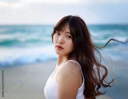 Portrait of beautiful young asian woman on beach 