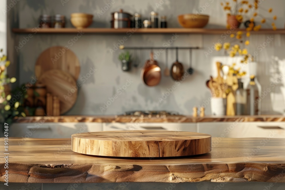 Wooden podium on table in kitchen interior with copy space for product montage - generative ai Wooden podium on table in kitchen interior with copy space for product montage - generative ai