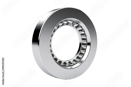 A Close-Up View of a Shiny Silver Roller Bearing on a Clear PNG or White Background.