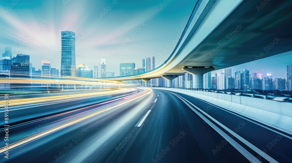 Fototapeta premium Highway overpass with motion blur, cityscape sparkling in the background.