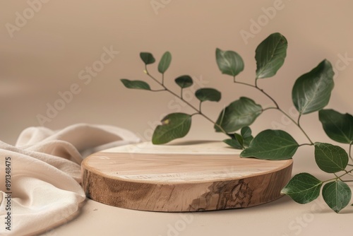 Wooden podium with leaves on beige background. Concept scene stage showcase, product, promotion sale, presentation, beauty cosmetic. Wooden stand studio empty - generative ai photo