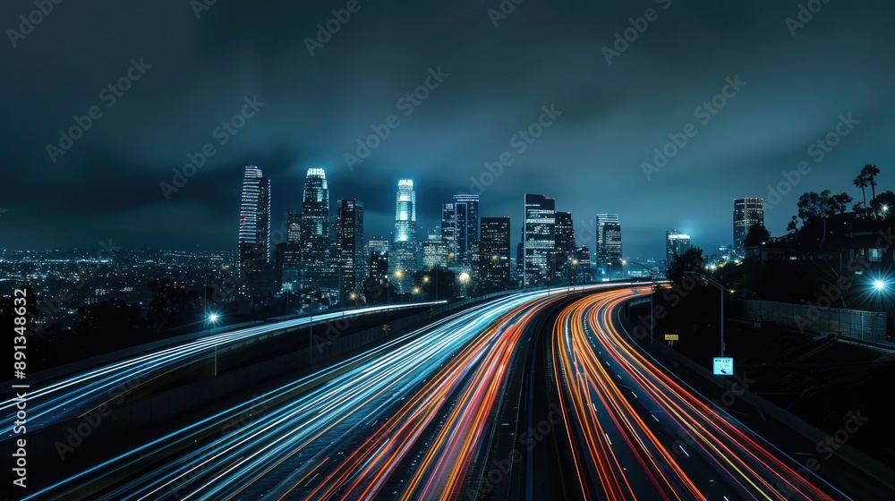 Obraz premium Light trails on a highway overpass, with a city skyline glowing in the night.