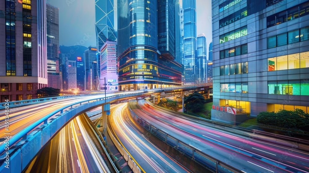 Obraz premium Motion blur on a highway overpass, modern city buildings glowing at dusk.