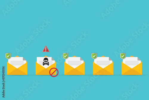Email / envelope with black document and skull icon. Virus, malware, email fraud, e-mail spam, phishing scam, hacker attack concept. Vector illustration	