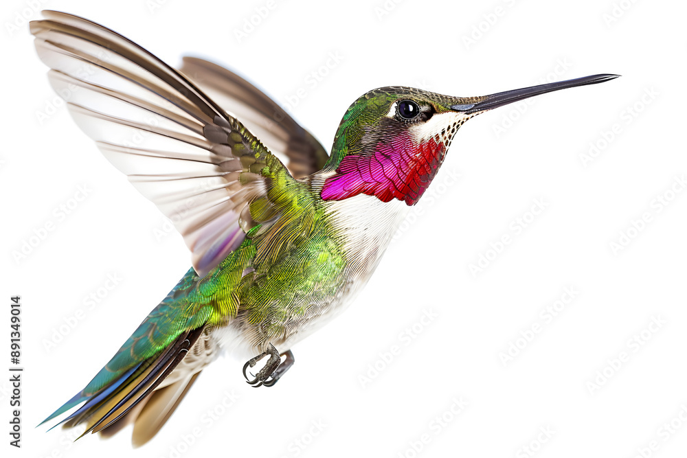 Fototapeta premium Colorful flying hummingbird isolated on a white background