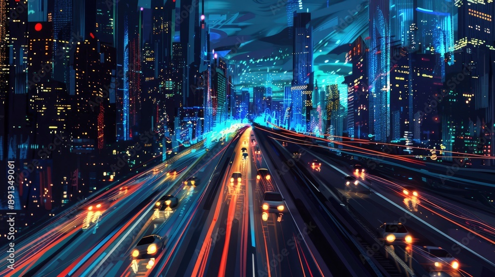 Naklejka premium Speeding traffic on a highway overpass, city buildings glowing in the distance.