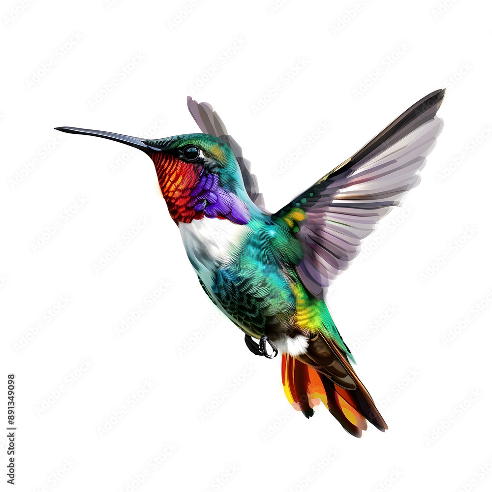Fototapeta premium Colorful flying hummingbird isolated on a white background