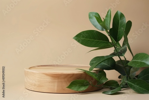 Wooden podium with leaves on beige background. Concept scene stage showcase, product, promotion sale, presentation, beauty cosmetic. Wooden stand studio empty - generative ai photo