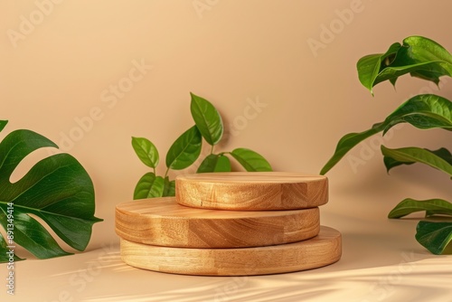 Wooden podium with leaves on beige background. Concept scene stage showcase, product, promotion sale, presentation, beauty cosmetic. Wooden stand studio empty - generative ai photo