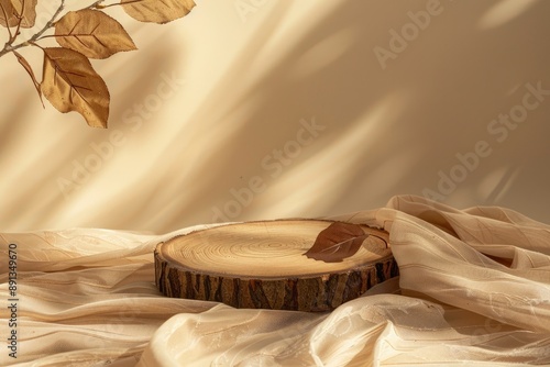 Wooden podium with leaves on beige background. Concept scene stage showcase, product, promotion sale, presentation, beauty cosmetic. Wooden stand studio empty - generative ai photo