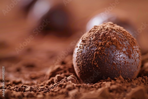 A close-up image of a round chocolate truffle coated with cocoa powder, highlighting its rich texture and luxurious appeal against a backdrop of more truffles and cocoa. photo