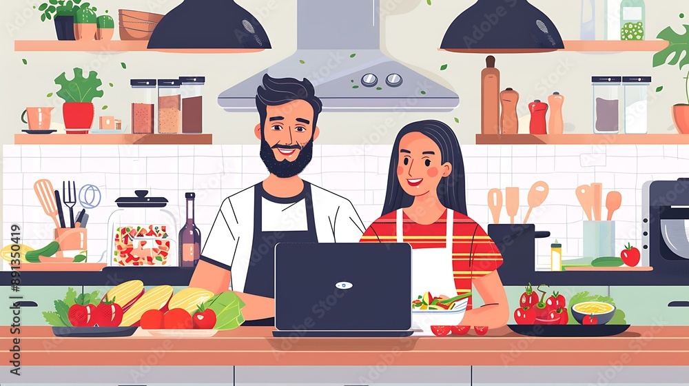 Couple enjoying a virtual cooking class on a laptop Couple enjoying a virtual cooking class on a laptop