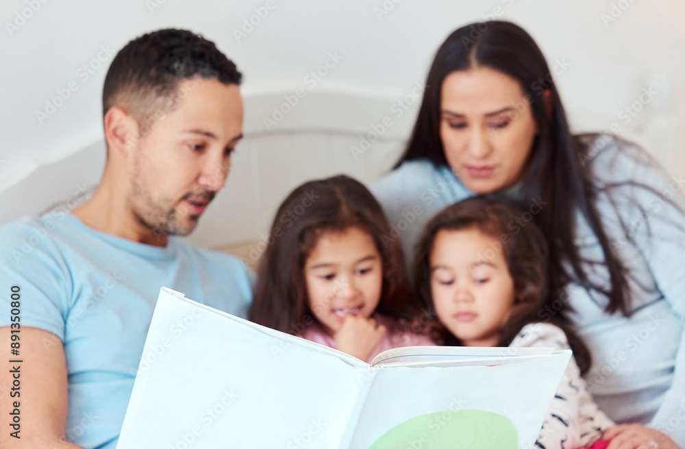 Family, girls and storytelling on bed at home for fun, bonding and care with education. Parents, daughter and kid with learning on book reading for knowledge, information and studying child growth Family, girls and storytelling on bed at home for fun, bonding and care with education. Parents, daughter and kid with learning on book reading for knowledge, information and studying child growth