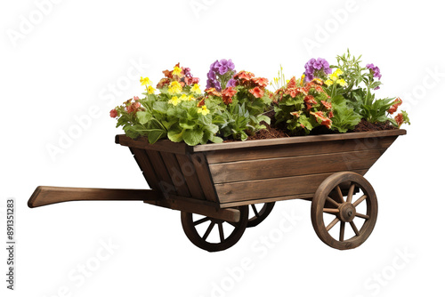 A Rustic Wooden Wagon Overflowing With Vibrant Spring Flowers on a Clear PNG or White Background.