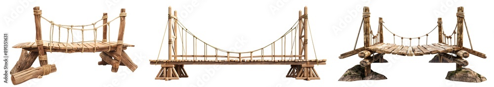 Fototapeta premium Set collection of arch rustic wooden wood suspended rope suspension bridge footbridge boardwalk front view on transparent cutout PNG file. Many different style. Mockup template for design