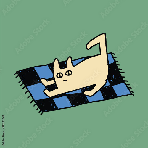 hand drawn cute cat on the carpet illustration