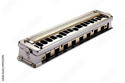 A Silver Harmonica Glistening Under Studio Lights on a Clear PNG or White Background.