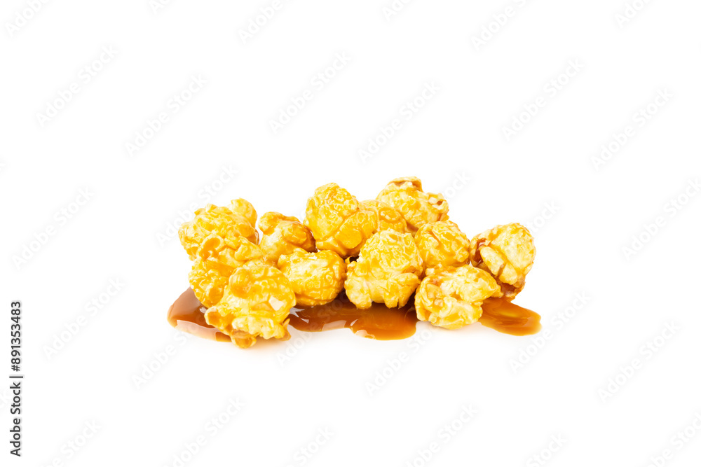 Sweet caramel popcorn isolated on white background. Salted caramel popcorn. Caramel sauce. Close up. Topping. Sweet caramel popcorn isolated on white background. Salted caramel popcorn. Caramel sauce. Close up. Topping.