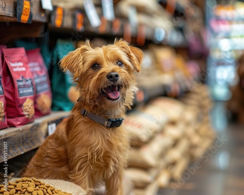Dog happily sitting by a shelf of pet food bags in a welllit pet store, wideangle shot