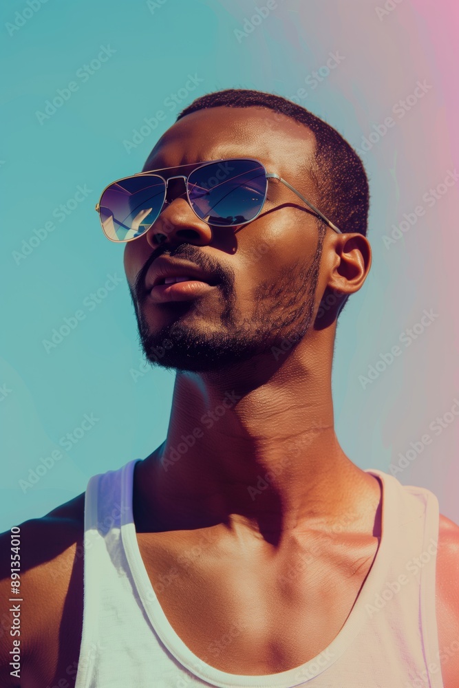 Stylish Man in Tank Top and Sunglasses Embracing Summer Vibes on Plain Pastel Background - Photorealistic Image Concept Stylish Man in Tank Top and Sunglasses Embracing Summer Vibes on Plain Pastel Background - Photorealistic Image Concept