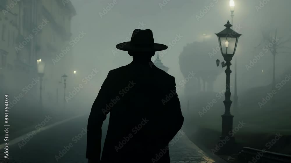 Silhouette of detective walking in foggy street at night Silhouette of detective walking in foggy street at night