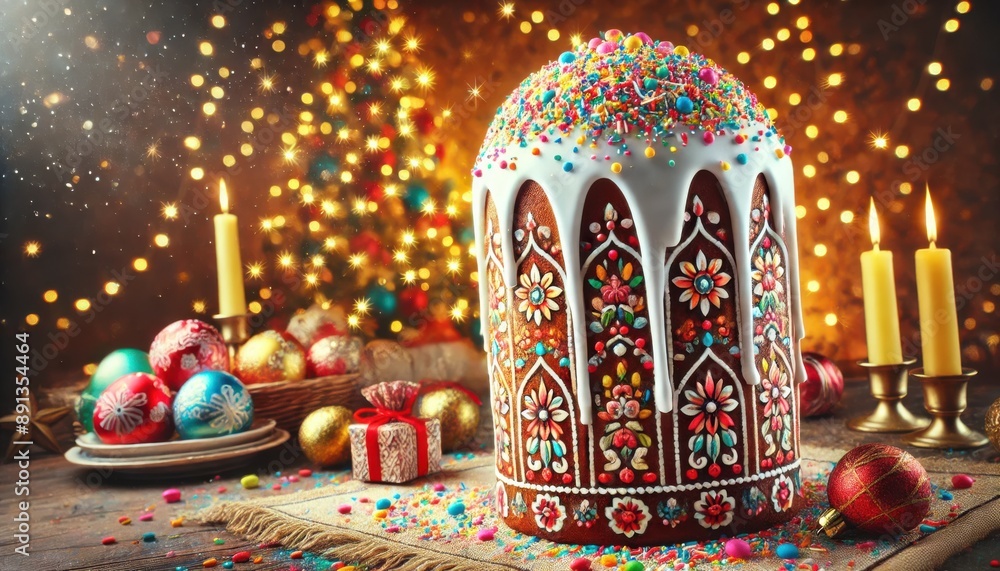 Naklejka premium A traditional Russian kulich, with a tall, cylindrical shape and decorated with icing and sprinkles. 