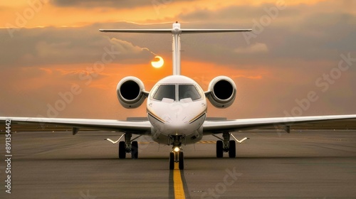 A white private jet parked on a runway with landing gear down, facing camera. Sunset casts warm glow on sky, aircraft's reflection visible on tarmac photo