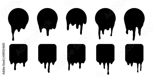 Paint melted drip shape icons set vector illustration. Splash of black ink circle and square drop, liquid blobs melt and flow, simple stickers with fluid droplets on wall isolated on white.